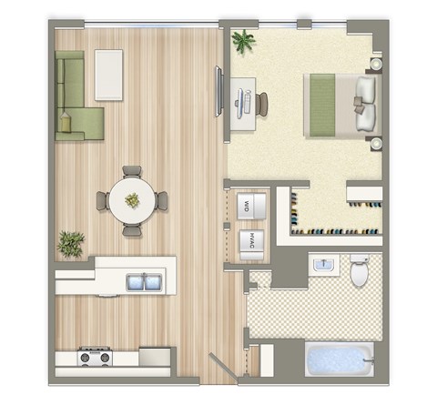 Floor plan for 1 bed, 1 bath, 650 sqft